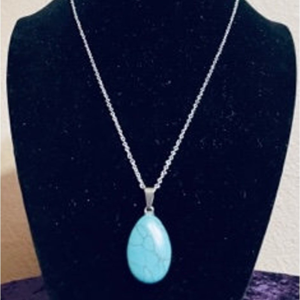 New Handmade 925 Sterling Silver Natural Turquoise Water Drop Necklace - Picture 9 of 15